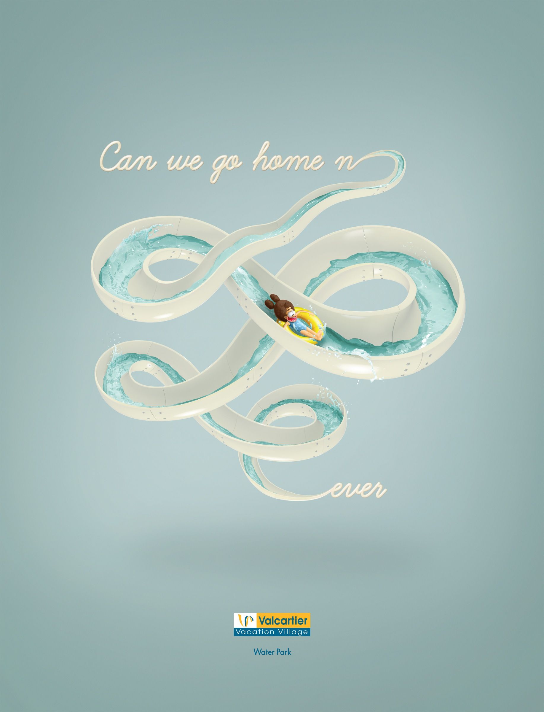 Poster: Cursive water slide forming an endless looping letterform with a child riding it