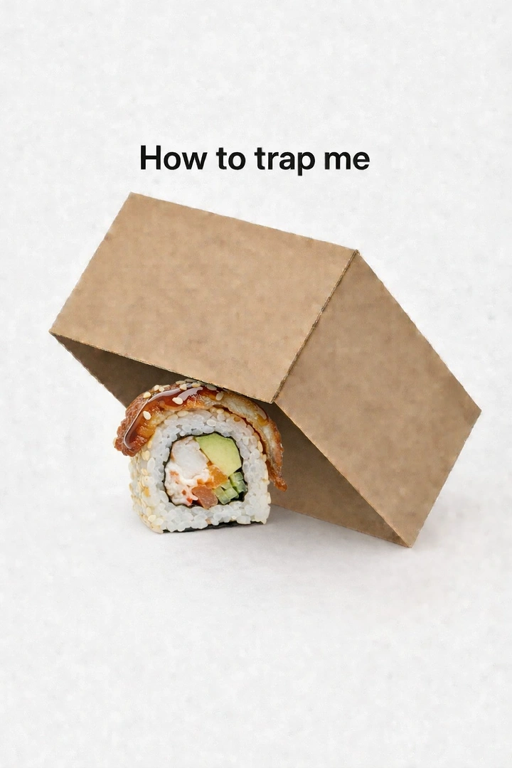 Sushi & Japanese Restaurants creative ad: Cardboard trap delivers a smart sushi pun