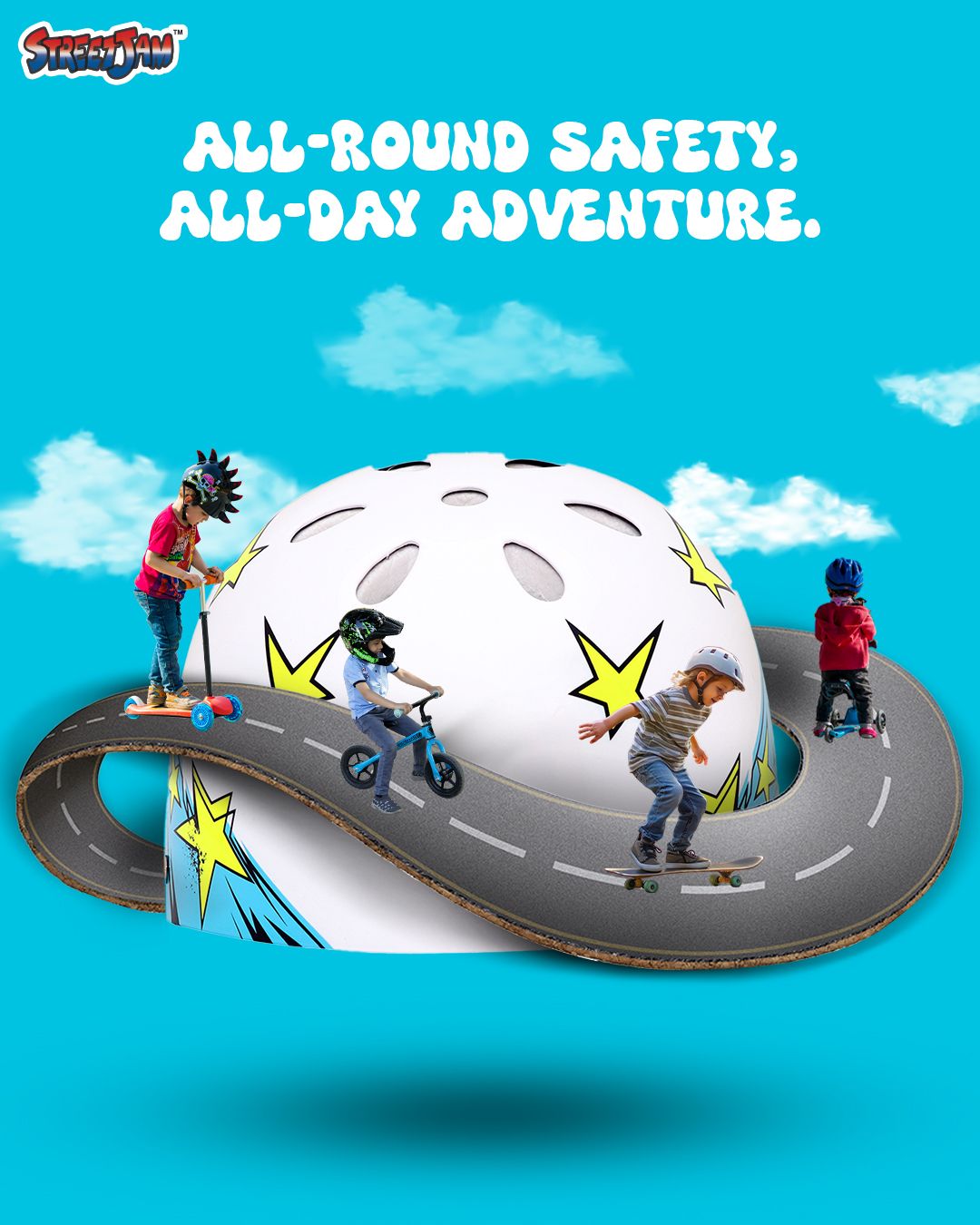 Instagram post: Giant kids' helmet wrapped by a winding road with children riding on it