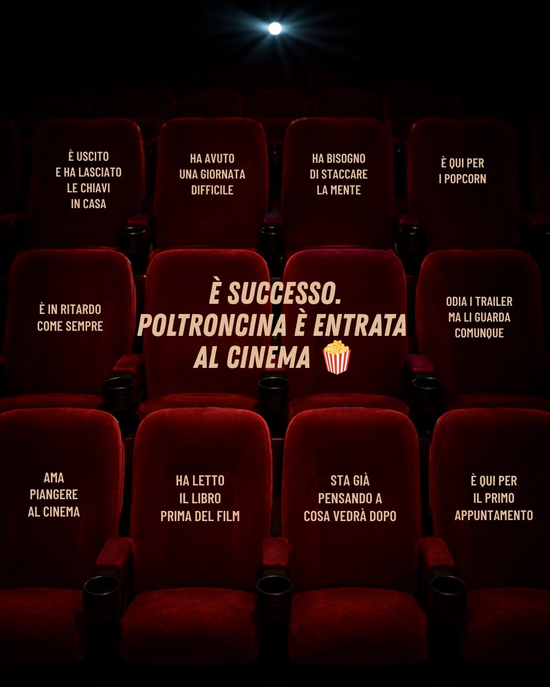 Instagram post: Seat labels as moviegoer types, witty copy, slide 1