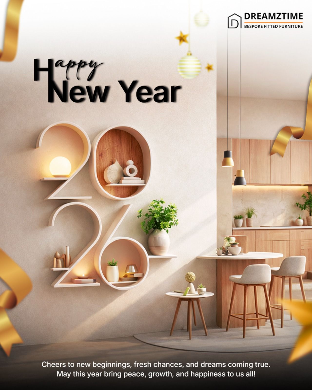 New Year Instagram post: Wall shelves shaped as 2026 in a warm kitchen interior