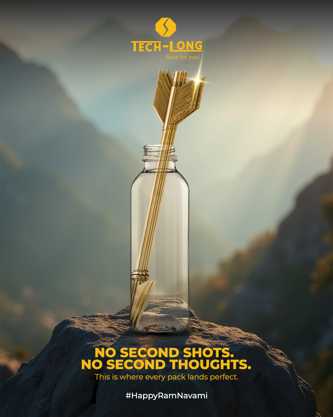 Golden arrow piercing an empty clear bottle on a rock