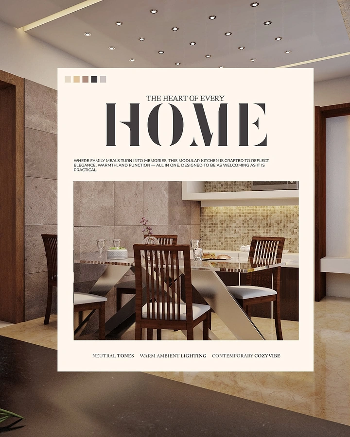 Modular Kitchens creative ad: Contemporary modular kitchen and dining area
