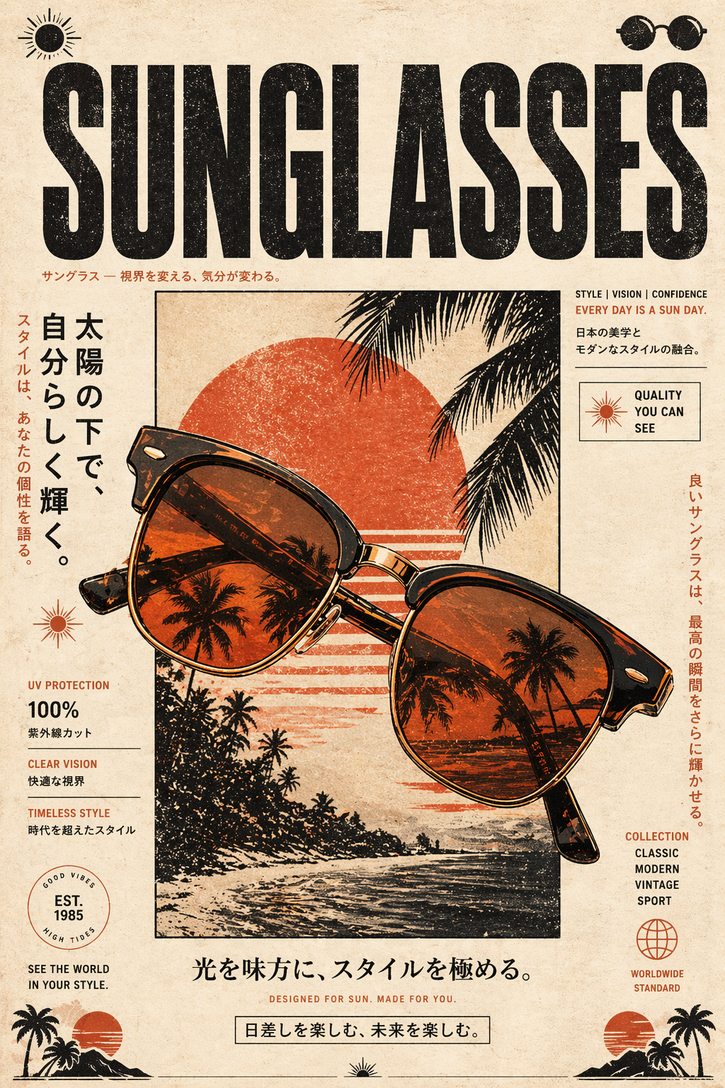 Poster: Tortoiseshell browline sunglasses over a retro sunset beach scene