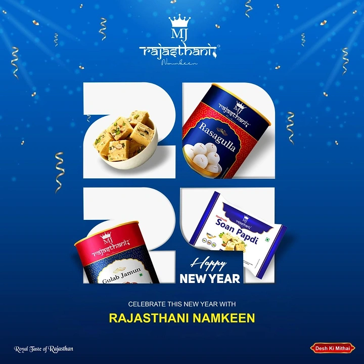 New Year creative ad: Giant white 2025 numerals holding sweet tins and a bowl of soan papdi