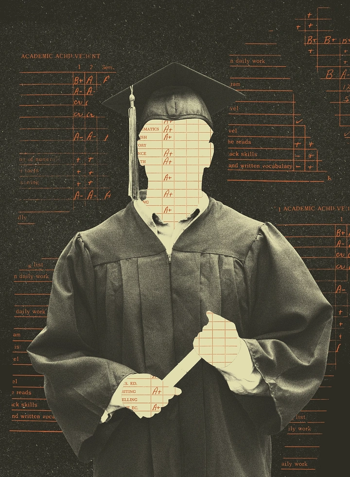 Universities & Colleges creative ad: Surreal academic portrait and blueprint metaphor