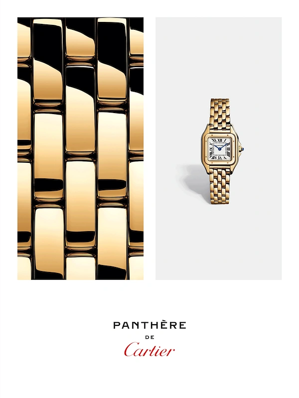 Creative ad: Gold square watch with a macro shot of its bracelet links