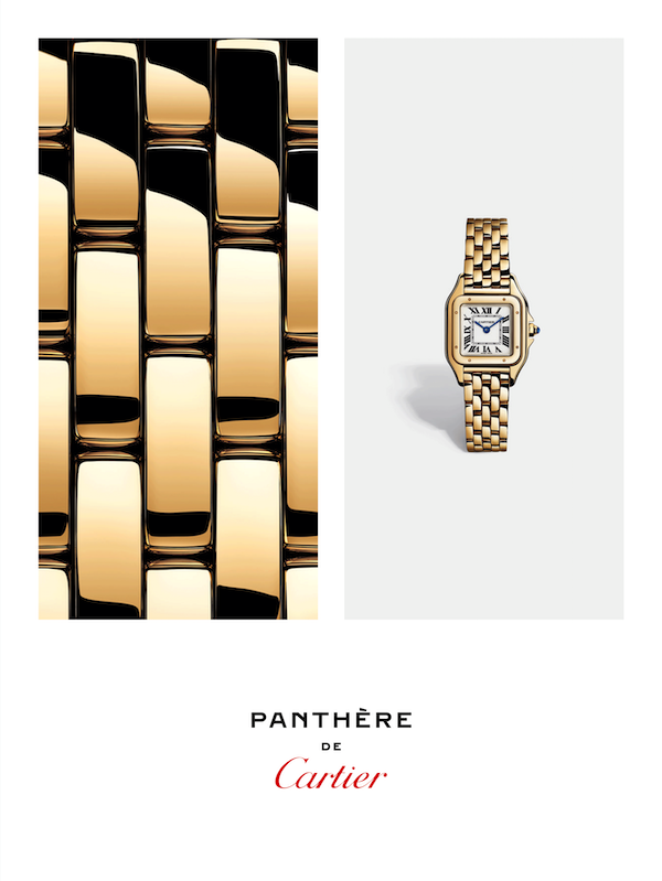 Poster: Gold square watch with a macro shot of its bracelet links