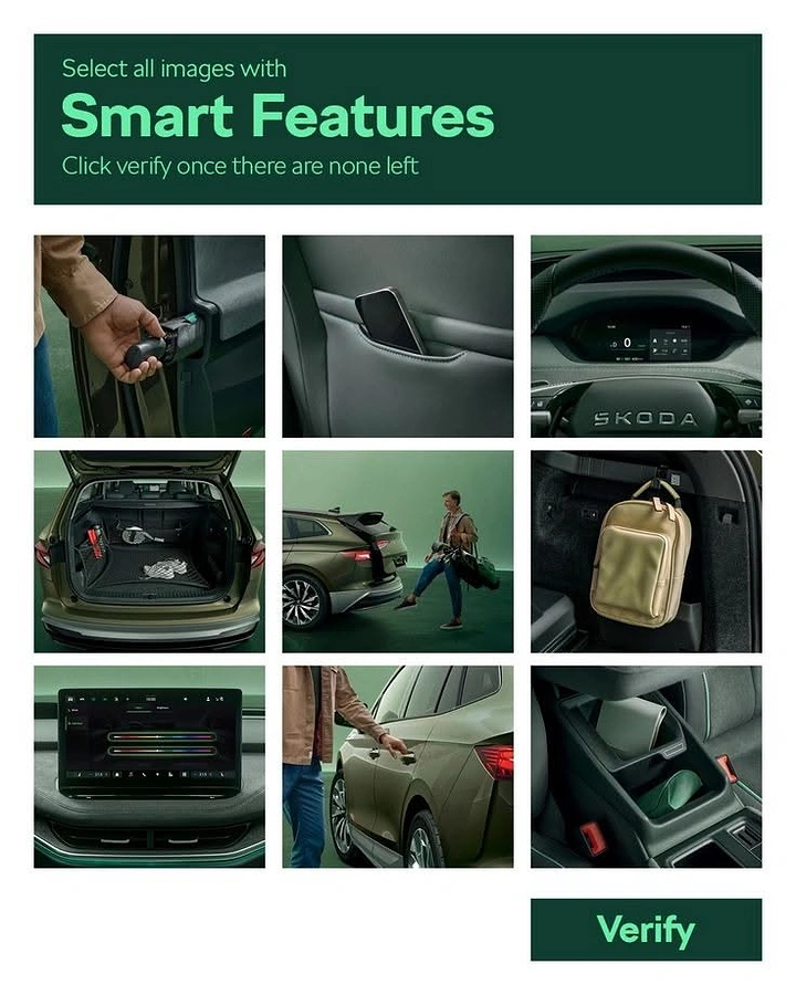 Automotive creative ad: CAPTCHA-style 3x3 grid of SUV feature photos