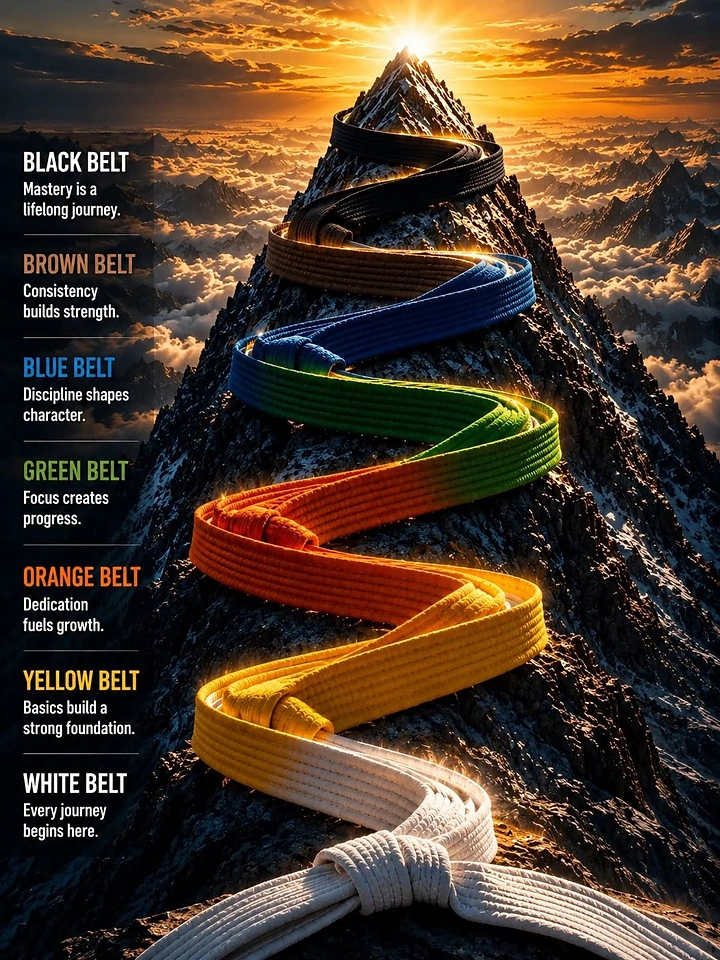 Martial Arts Academies creative ad: Martial arts belts winding up a mountain to a sunlit peak