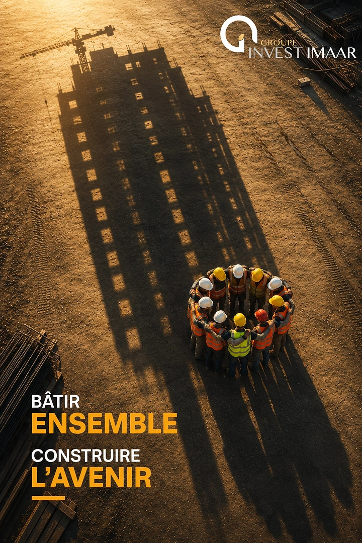 Construction creative ad: Aerial view of workers in a huddle casting a skyscraper-shaped shadow