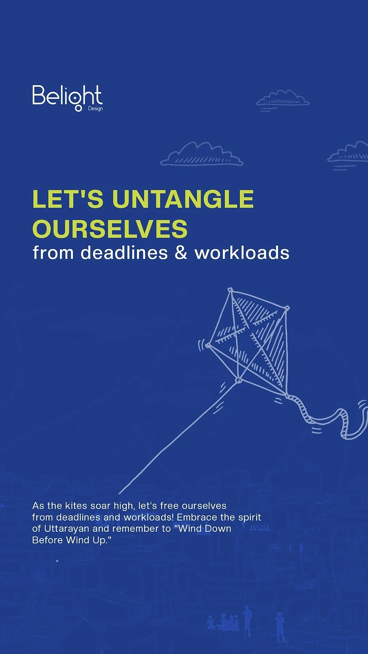 Makar Sankranti creative ad: Hand-sketched white kite with a trailing tail against a blue sky