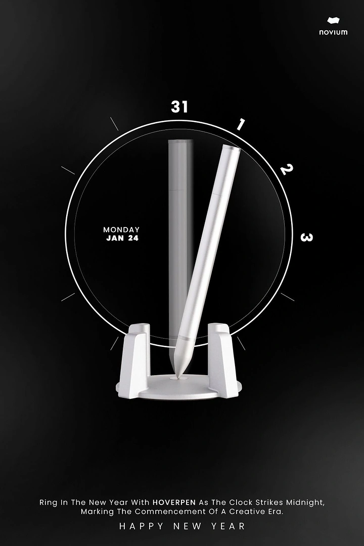 New Year creative ad: Silver stylus pen as clock hand in its stand