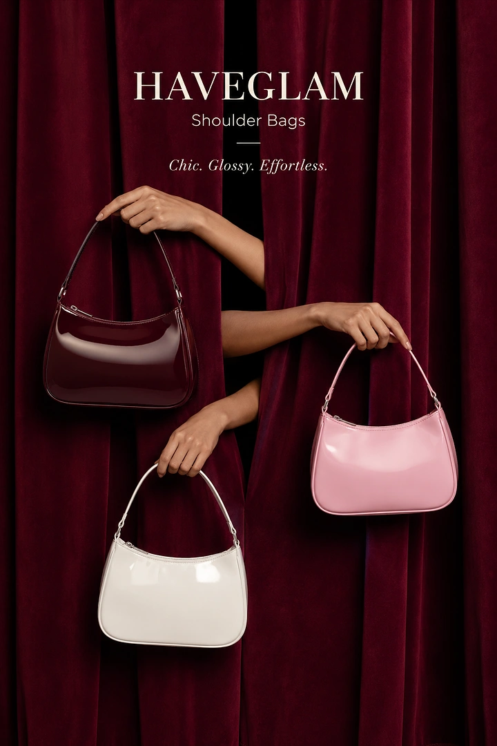 Creative ad: Three arms hold glossy shoulder bags through velvet curtains