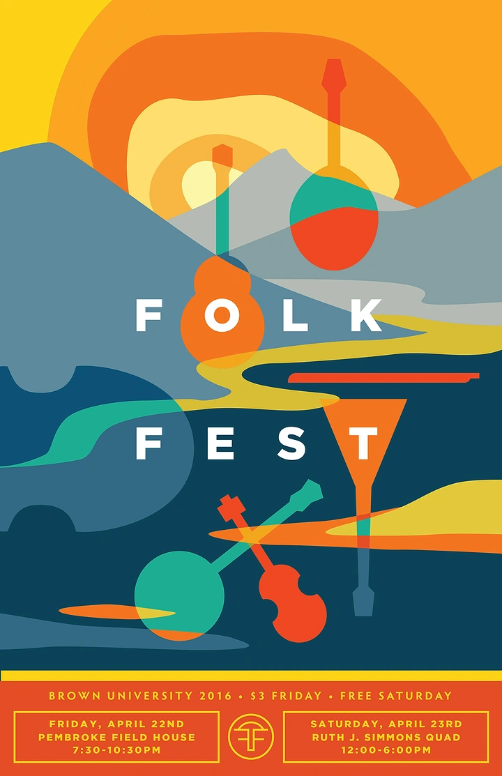 Creative ad: Layered landscape with folk instruments woven into sun and river shapes