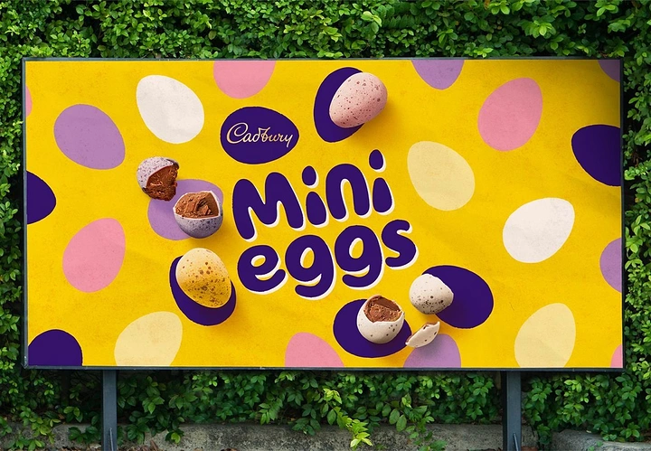 Easter creative ad: Speckled chocolate mini eggs on a yellow billboard