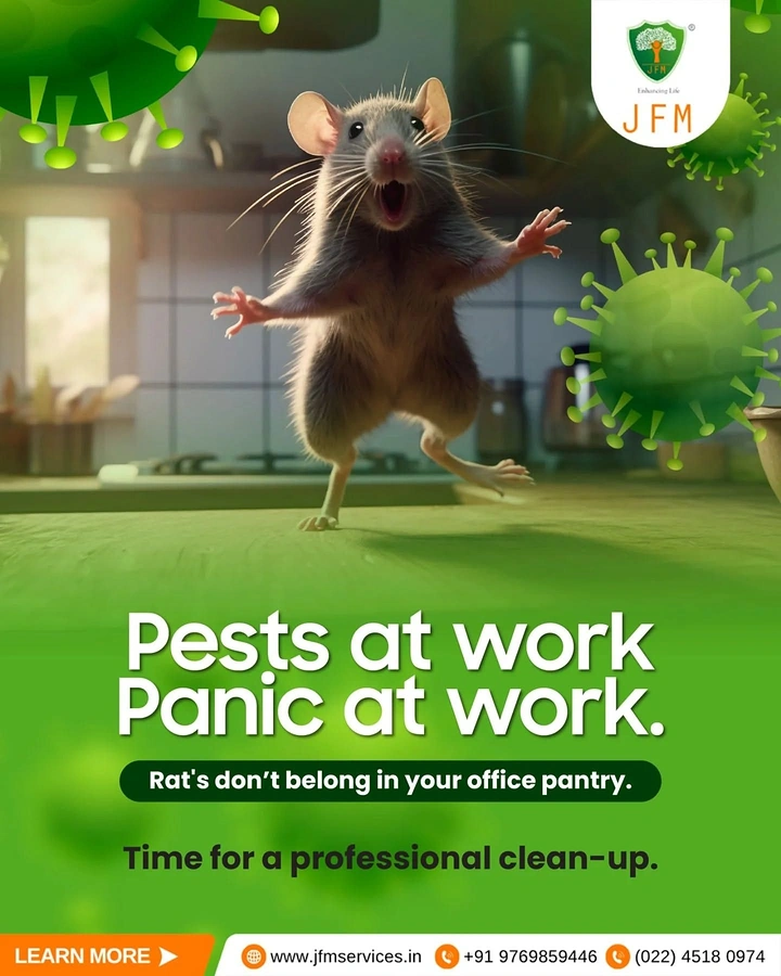 Pest Control creative ad: Panicked office rat, 'Pests at work' wordplay