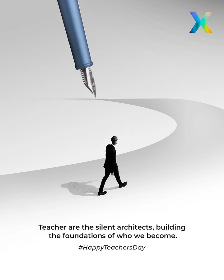 Teachers Day creative ad: Giant fountain pen drawing a curved path that a small man walks along