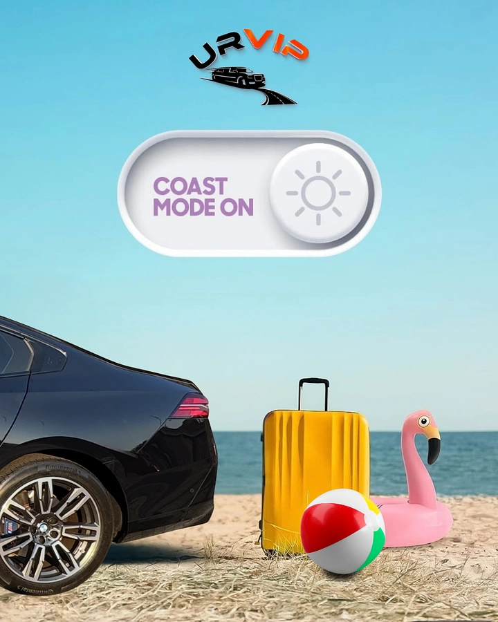 Car Rental creative ad: 'Coast mode on' toggle beach trip