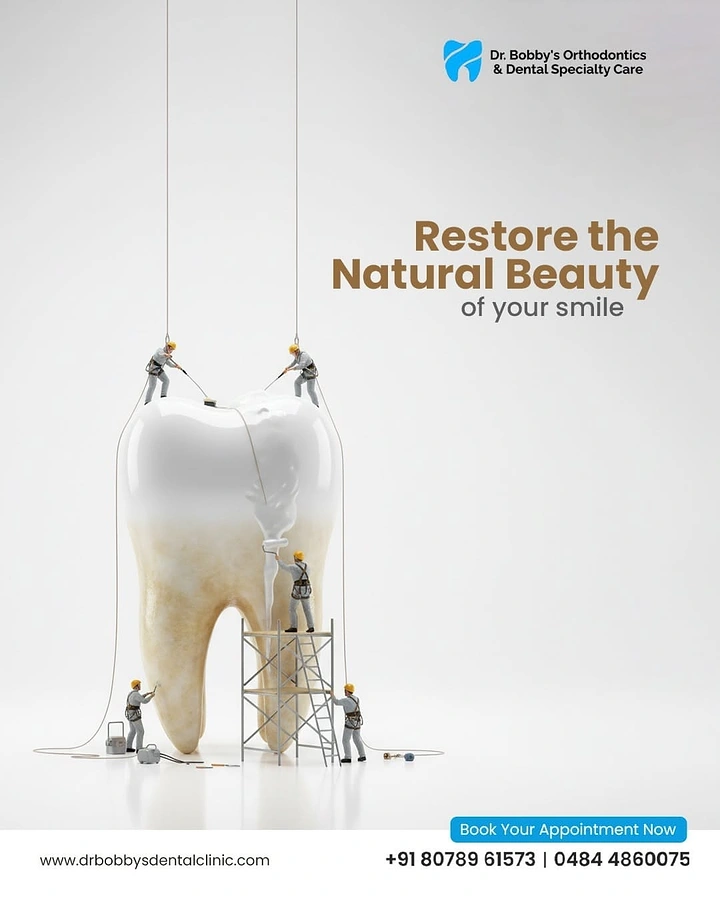 Dental creative ad: Giant stained molar being whitened by miniature construction workers