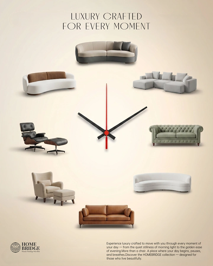 Creative ad: Sofas and chairs arranged as clock face numerals around clock hands