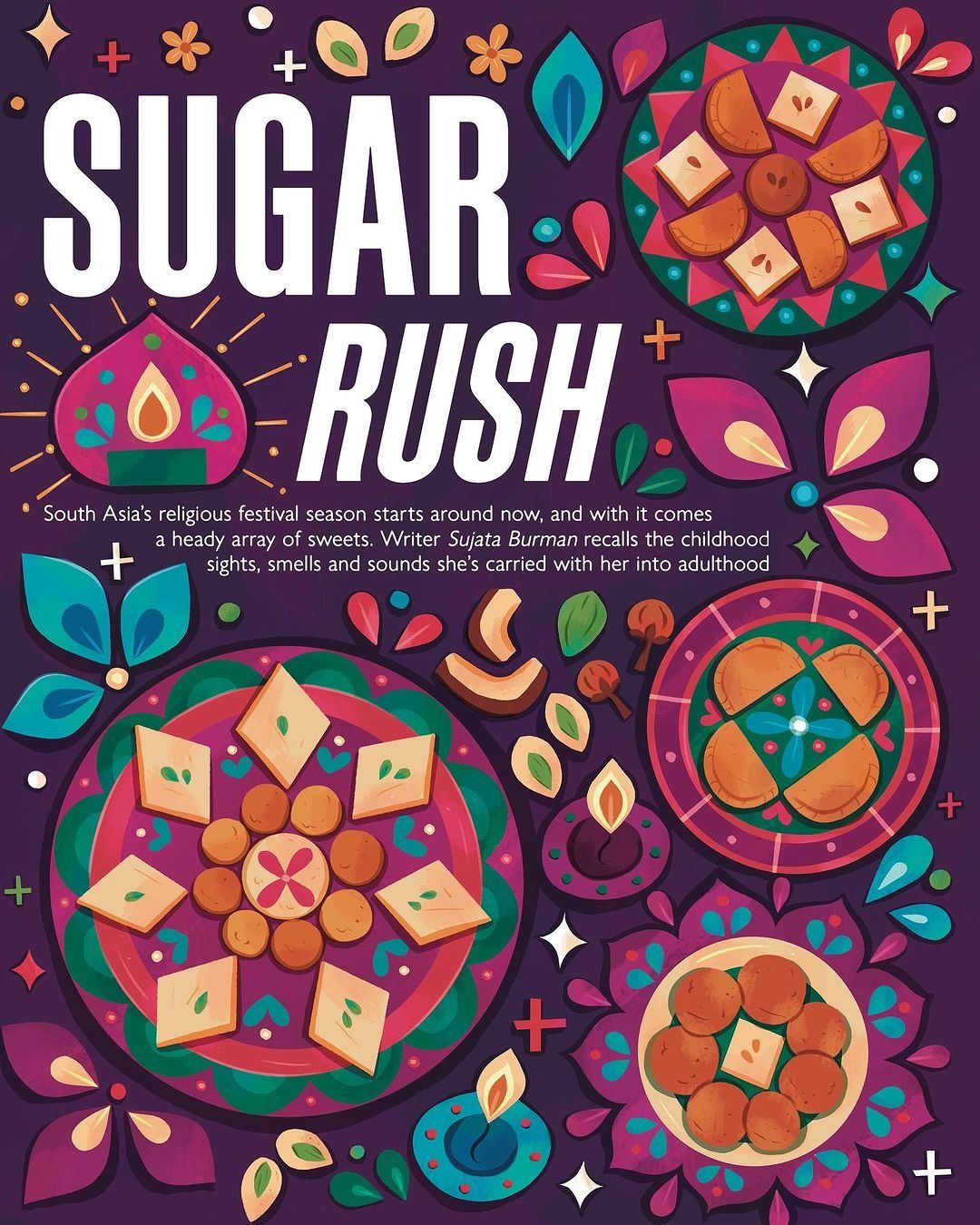 Diwali Instagram post: Top-down illustrated platters of Indian sweets