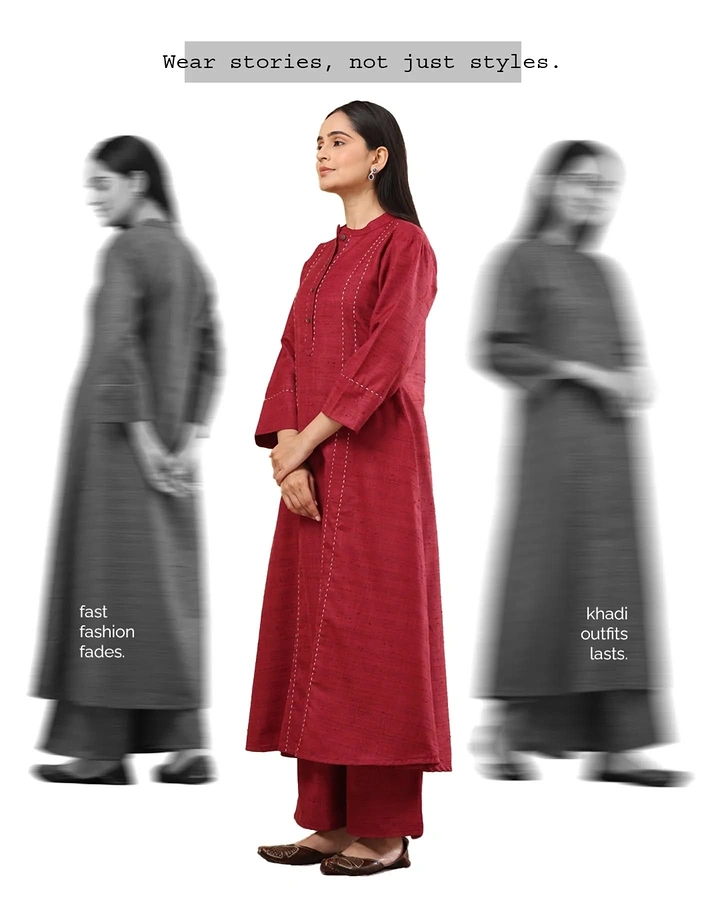 Ethnic Wear & Sarees creative ad: Motion-blurred fast fashion vs lasting khadi