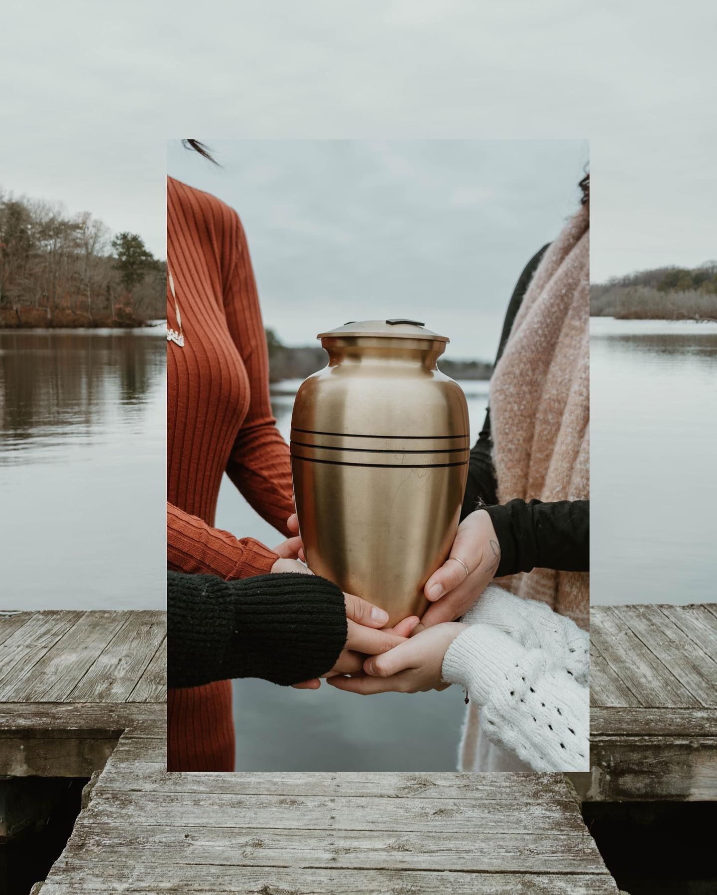 Instagram post: Photo frame split, hands passing urn