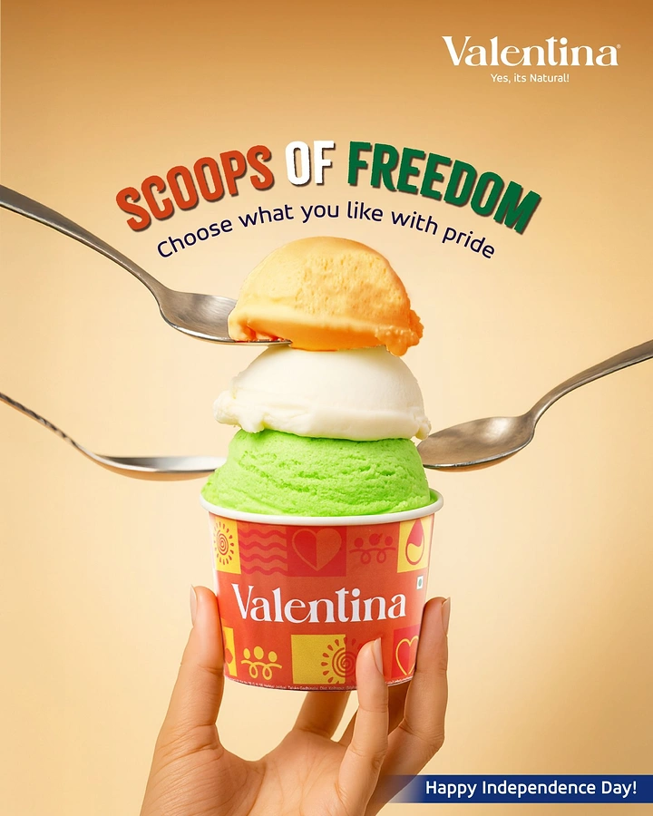 Independence Day creative ad: Hand holding cup of stacked saffron, white and green ice cream scoops