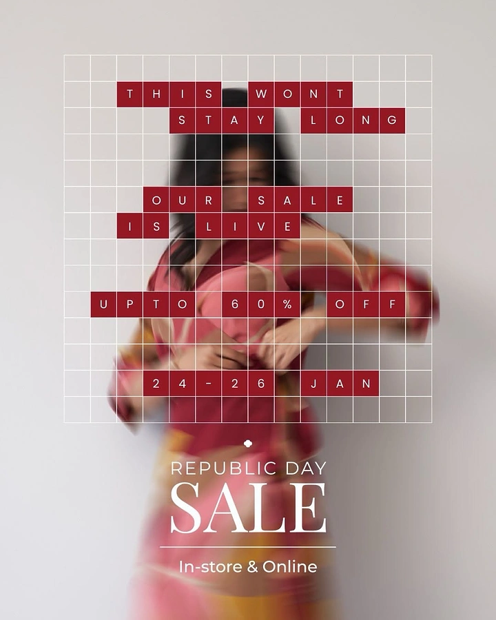 Republic Day creative ad: Motion-blurred woman in pink-red saree behind a grid