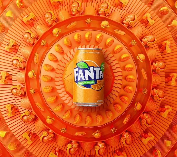 Diwali creative ad: Orange soda can centered in a radial monochrome 3D mandala