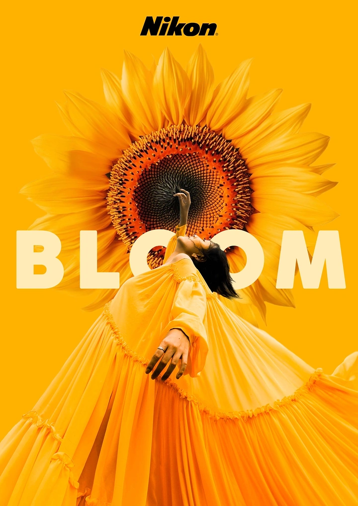 Photography creative ad: Dress becomes sunflower petals, Nikon Bloom