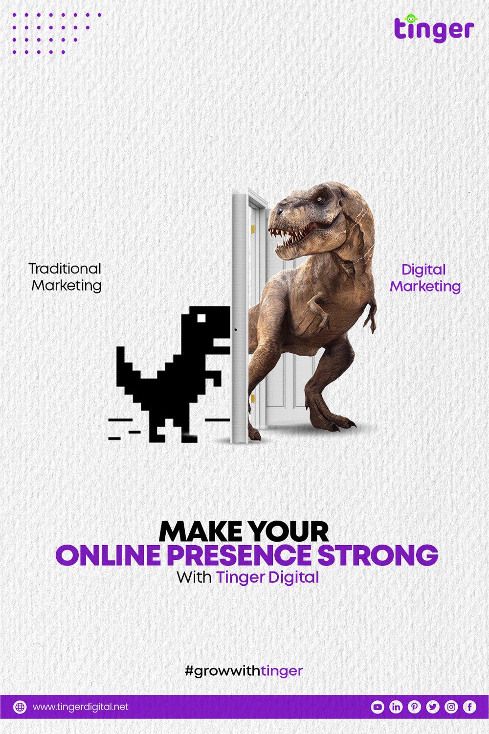 Pixel dinosaur beside realistic T-rex emerging through a door