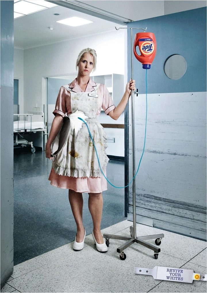 Laundry & Dry Cleaning creative ad: Detergent bottle as IV drip reviving whites