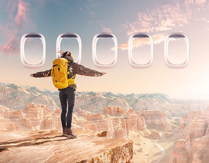 Airlines creative ad: Airplane windows merge with desert landscape
