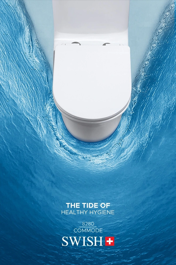 Cement, Steel & Building Materials creative ad: White toilet riding a curling blue water wave