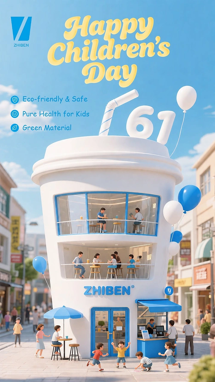 Children's Day creative ad: Giant white paper cup shaped as a café building