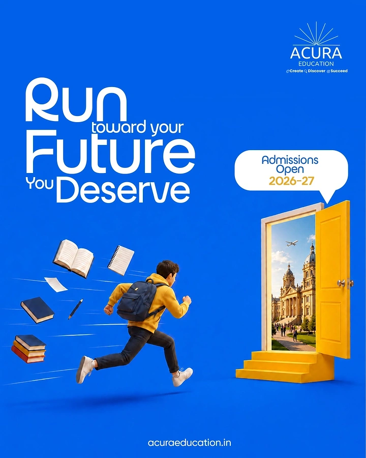 Visa & Immigration creative ad: Student with backpack running toward an open yellow door that shows a European university campus