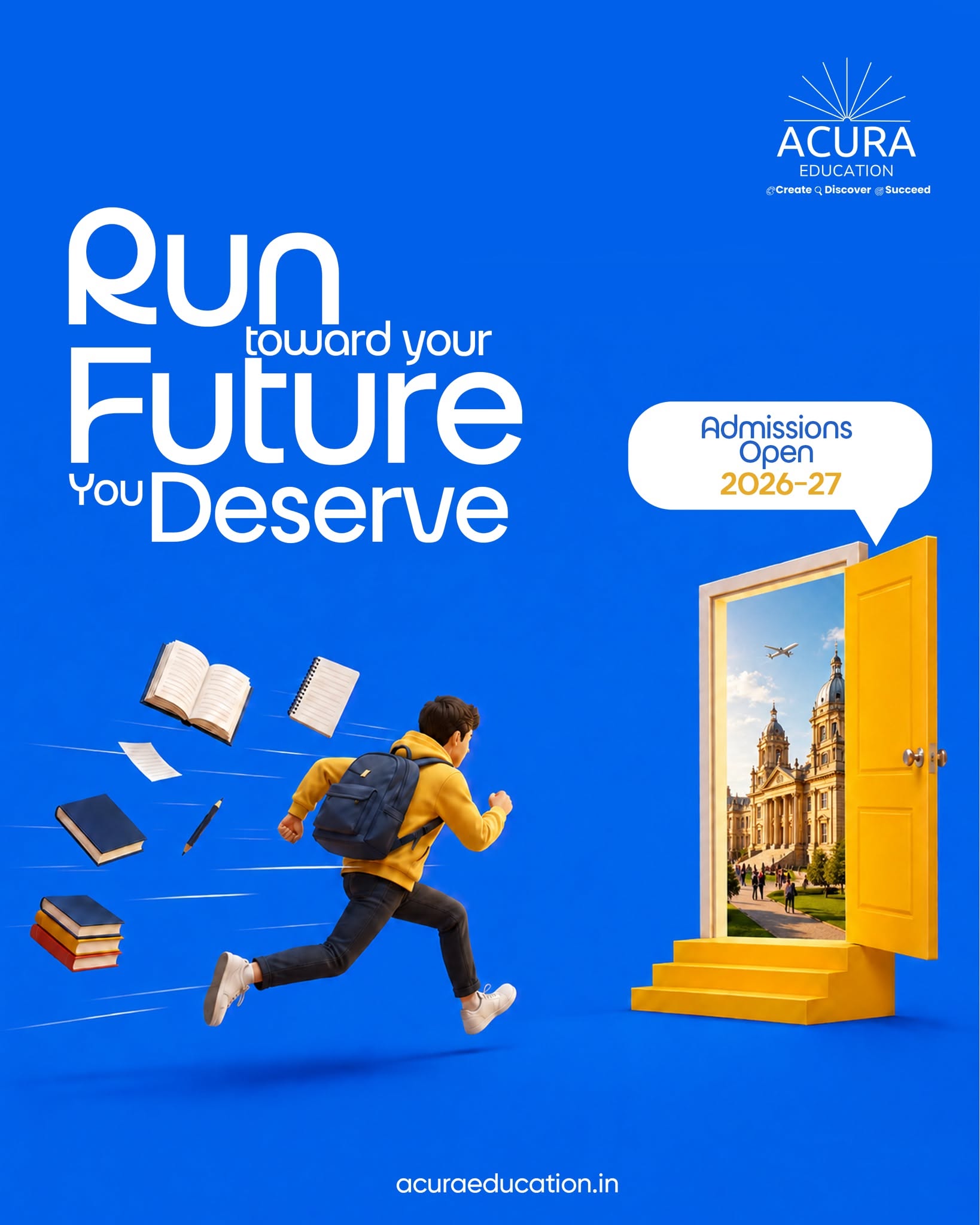 Instagram post: Student with backpack running toward an open yellow door that shows a European university campus