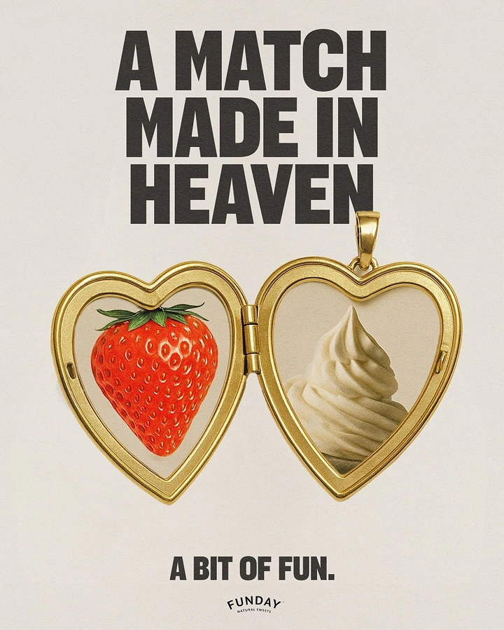 Valentine's Day creative ad: Open gold heart locket holding a strawberry and soft serve