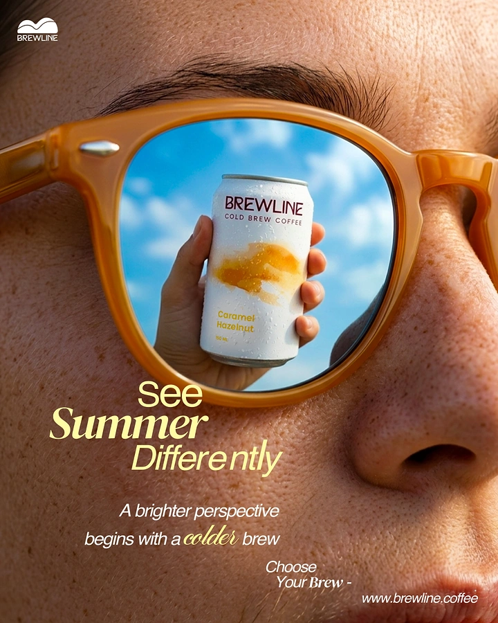 Creative ad: Cold brew can held against the sky, reflected in a sunglasses lens