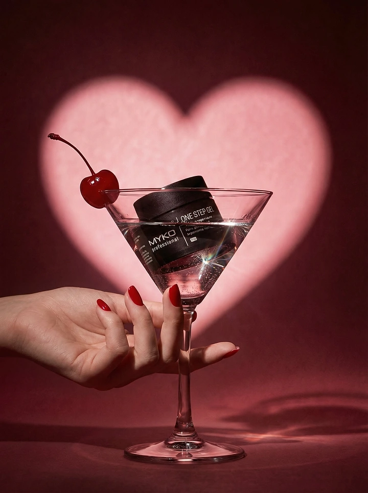 Valentine's Day creative ad: Gel polish jar in a martini glass with a cherry, held by a hand with red nails