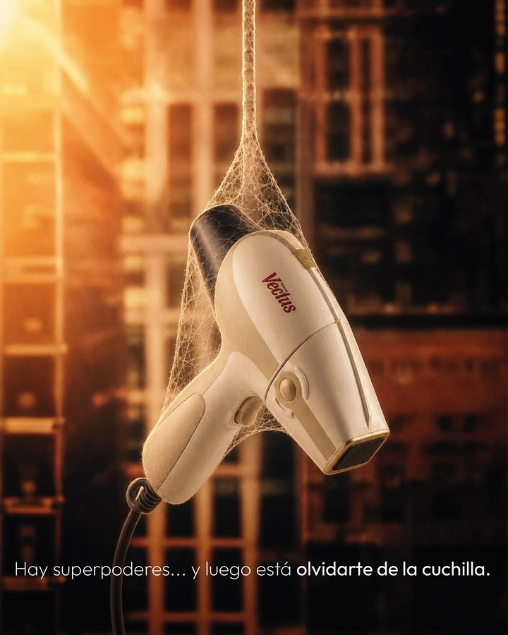 Skin & Cosmetic Clinics creative ad: Cream hair dryer hanging wrapped in a spider-web cocoon
