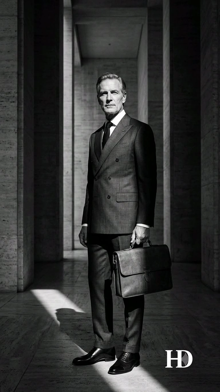Men's Suits & Formal Wear creative ad: Striking monochrome briefcase campaign poster