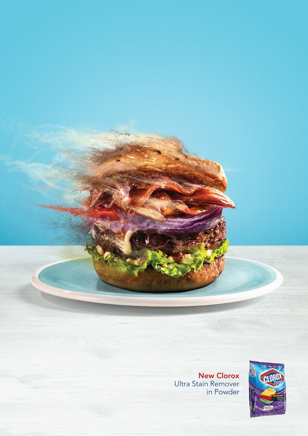 Poster: Loaded burger dissolving into powder dust