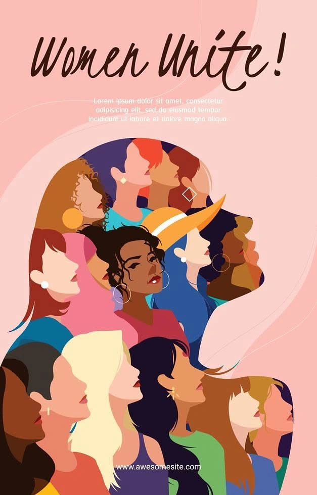 Women's Day creative ad: Diverse women's profiles filling a large female head silhouette