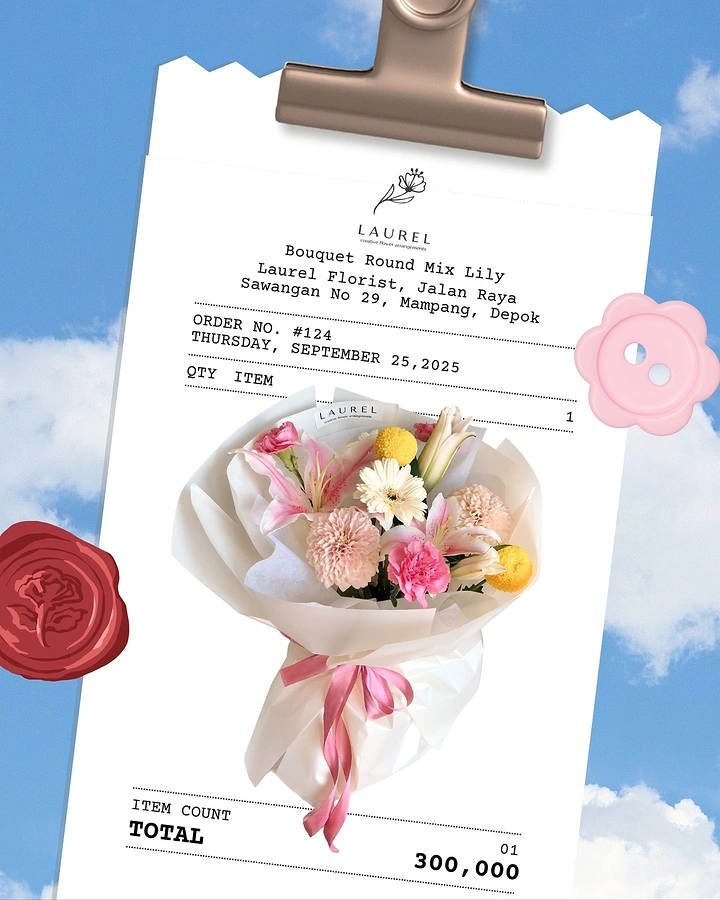 Florists creative ad: Pastel bouquet cut-out on a tilted clipped receipt