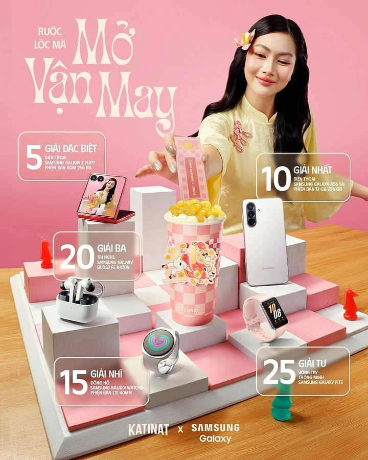 Lunar New Year creative ad: Model in yellow ao dai over a chessboard display of drink cup and Samsung gadgets