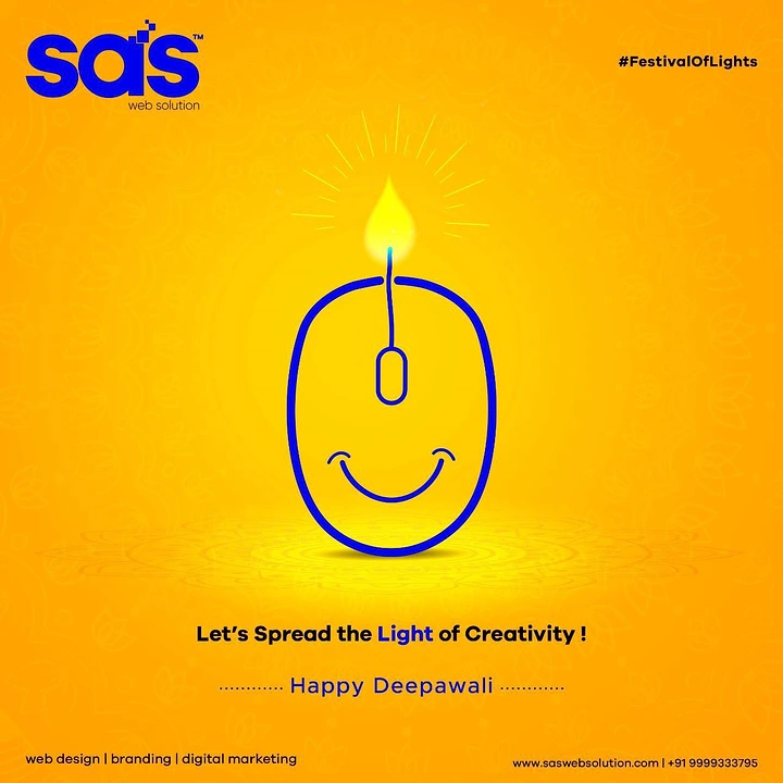 Diwali creative ad: Line-drawn smiling computer mouse with its cord as a diya flame wick