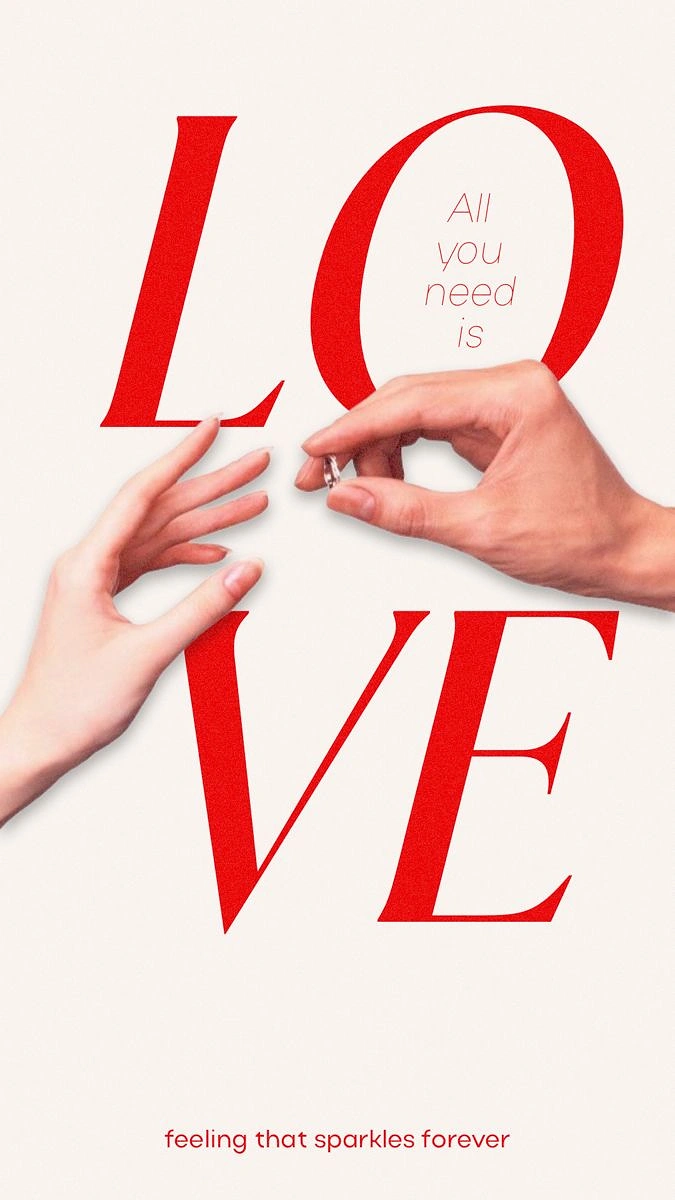 Valentine's Day creative ad: Two hands passing a ring between giant red LOVE letters